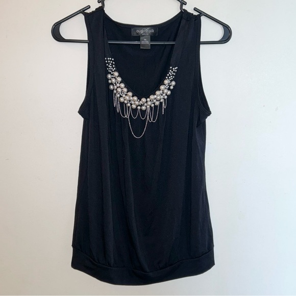 August Silk Petite - Womens Size: PM Black Tank Top with Pearls & Chain Neckline - Picture 1 of 8